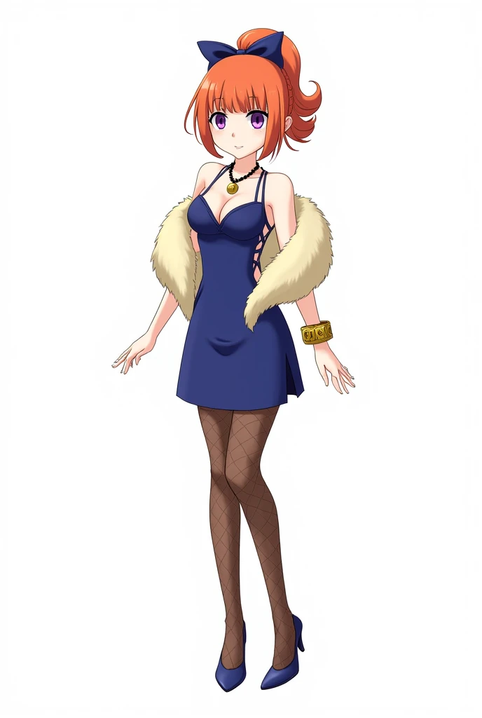 J’aimerai l’image entier d’un OC danganronpa fille en sprites, sans mouvement. Style de dessin: Danganronpa 2.

Elle a la peau claire, les yeux violets et les cheveux courts orange vif, attachés en queue de cheval bouclée et balayés vers la gauche avec un nœud papillon bleu foncé qui les maintient en place.

Elle porte une robe bleue décolletée et étriquée à col en V. Des fentes sont présentes sur l'encolure et de chaque côté du bas de sa robe, qui sont toutes deux attachées ensemble par de petits cerceaux dorés. Elle porte des bas résille marron maintenus par des porte-jarretelles et des talons bleus également. Elle a également un boa en fausse fourrure de couleur crème qui drape ses épaules.

Ses accessoires comprennent deux bracelets joncs dorés sur son poignet droit et un collier en chaîne noire avec un pendentif en forme de cerceau doré