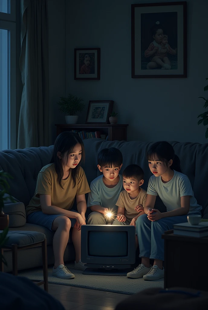 A family sitting with a television and the family is pensive