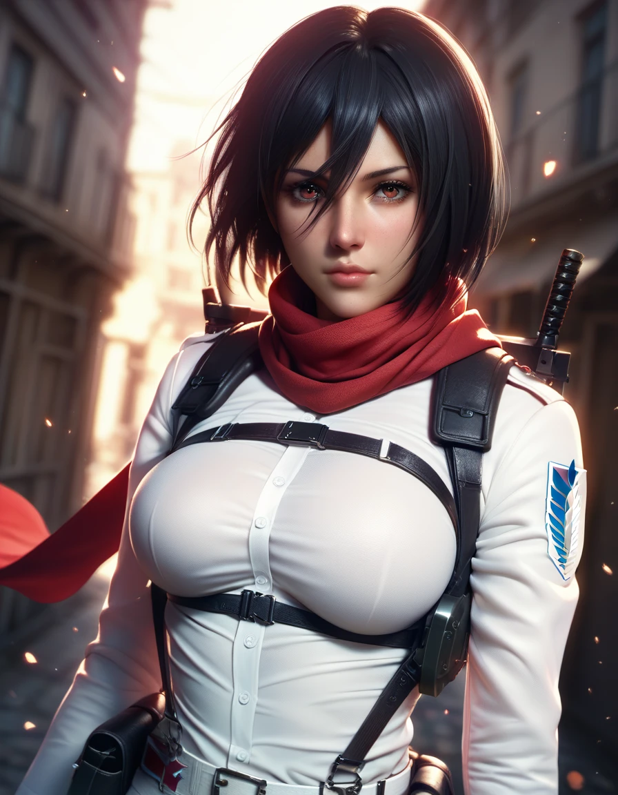 score_9, score_8_up, score_7_up, 1girl, solo, breasts, looking at viewer, short hair, shirt, black hair, red eyes, long sleeves, hair between eyes, closed mouth, jacket, white shirt, upper body, weapon, open clothes, belt, scarf, blurry, uniform, open jacket, lips, blurry background, red scarf, emblem, paradis military uniform, three-dimensional maneuver gear, survey corps (emblem), mikasa ackerman