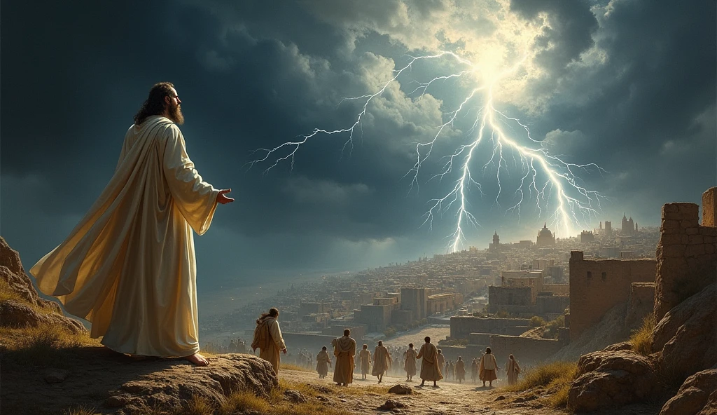 A painting of a dark and stormy landscape with a city in the background. It is the ancient biblical times. The sky is filled with dark clouds and lightning is striking the ground. There are people in the city, some are running and some are standing still. The ground is covered with debris. In the foreground, there is a figure with a white robe and a beard, possibly God, raining down lightning.