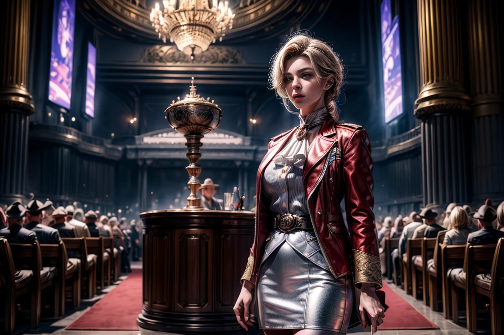 masterpiece,best quality, masterpiece, high detail,detailed face,detailed eyes,rendered eyes,perfect eyes,hip lines,crisp image,detailed,amazing,8k,8k wallpaper,8k background,high detailed skin,high res, (((cowboy shot))), solo, 1girl,looking at viewer,WillowSchnee, . Her attire consists of a white cravat secured by a silver brooch set with a red stone, as well as a light purple jacket with light sleeves, a wide belt around her waist, a matching pencil skirt with black tights and slippers. holding wine glass, serious expression, outside ornate theater, gala, crowd, ((crowd in military uniforms)) standing in front of futuristic vehicle, guests arriving, (volumetric lighting), sharp focus, hyper detailed