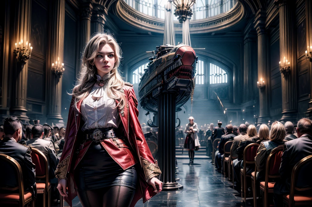masterpiece,best quality, masterpiece, high detail,detailed face,detailed eyes,rendered eyes,perfect eyes,hip lines,crisp image,detailed,amazing,8k,8k wallpaper,8k background,high detailed skin,high res, (((cowboy shot))), solo, 1girl,looking at viewer,WillowSchnee, . Her attire consists of a white cravat secured by a silver brooch set with a red stone, as well as a light purple jacket with light sleeves, a wide belt around her waist, a matching pencil skirt with black tights and slippers. holding wine glass, serious expression, outside ornate theater, gala, crowd, ((crowd in military uniforms)) standing in front of futuristic vehicle, guests arriving,   (volumetric lighting), sharp focus, hyper detailed 