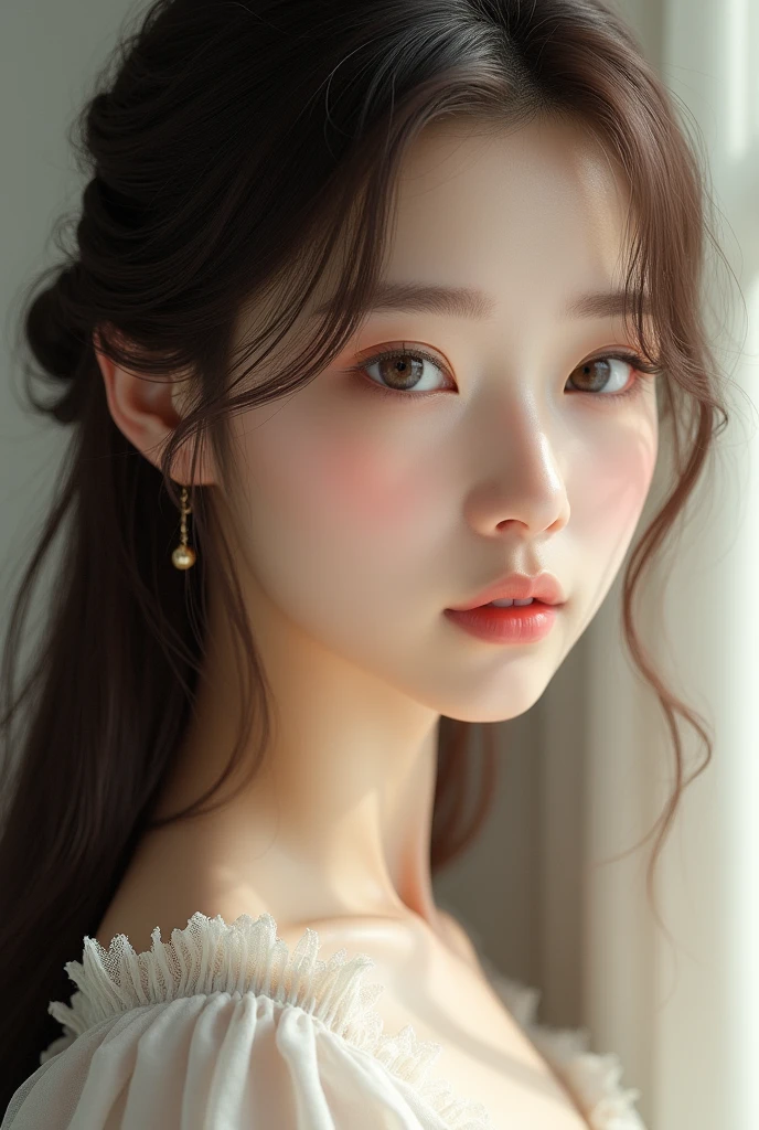 Korean woman, which is exactly 1. She has long,thick,brown hair and big brown eyes. She has soft features and a doll-like appearance. 