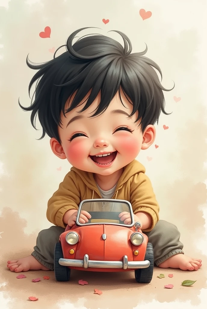 Cute cartoon, a cute boy playing with a toy car , blackquality hair, delicate and happy face, enchanted facial expression, espiritual, dreamy portrait style, delicate soft colors, shabby chic, sleepycore, watercolor style, tons pasteis