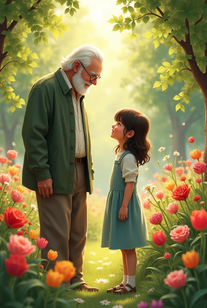 a girl with chocolate colored hair without bangs with MEDIUM hair, He is in an orchard talking to his grandfather, his grandfather without glasses,
He has white hair and beard and is surrounded by many flowers LIKE DAISIES, CARNATIONS, tulips, ORCHIDS AND OTHERS .