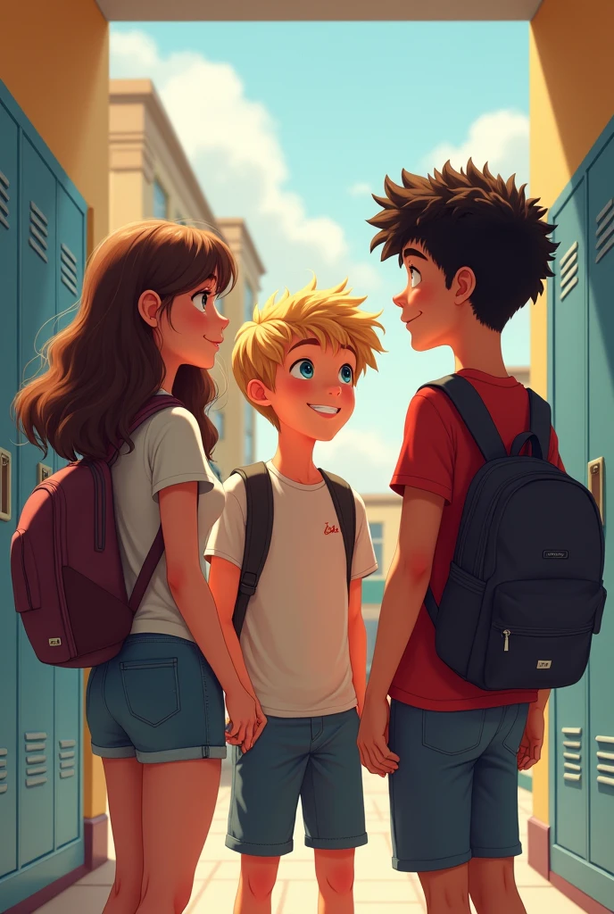 A pretty girl with brown hair ,a blond boy, a boy with black curly hair, backs in a school hallway