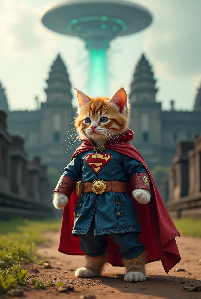 "Create a 4K, 8K ultra-detailed image of a kitten wearing a Doctor strenh-like costume with a custom superhero design. Ensure the scene is realistic, with the background save country is attacks by alen and Save Angkorwath temple digital on Cambodai.