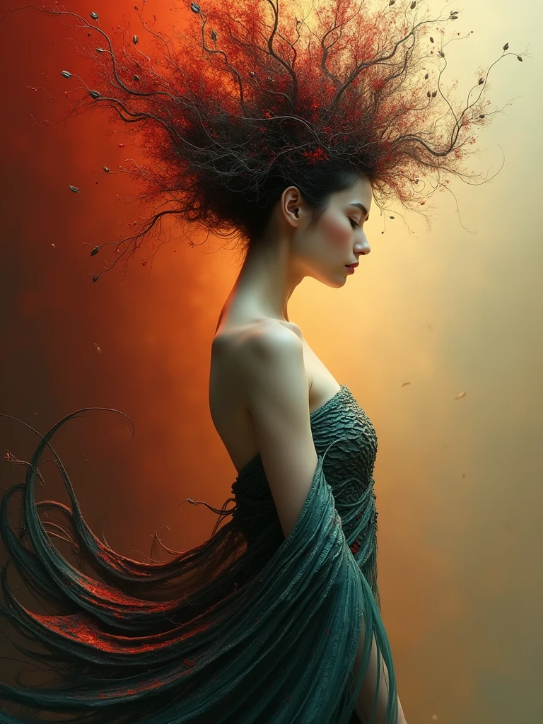 Create an abstract, surrealist image of a side-profile feminine figure with porcelain skin, visible from mid-thigh upward. The figure has a toned, slender body with an elegantly curved back, holding the edge of a textured, flowing garment made of red and turquoise scales. The serene face is in profile, with closed eyes and subtle facial features. The head is adorned with dynamic, abstract elements resembling hair or a headdress, transitioning from dense to sparse as they burst outward. The background is a warm gradient, shifting from dark crimson to soft golden hues, enveloping the figure in a blend of warm tones.