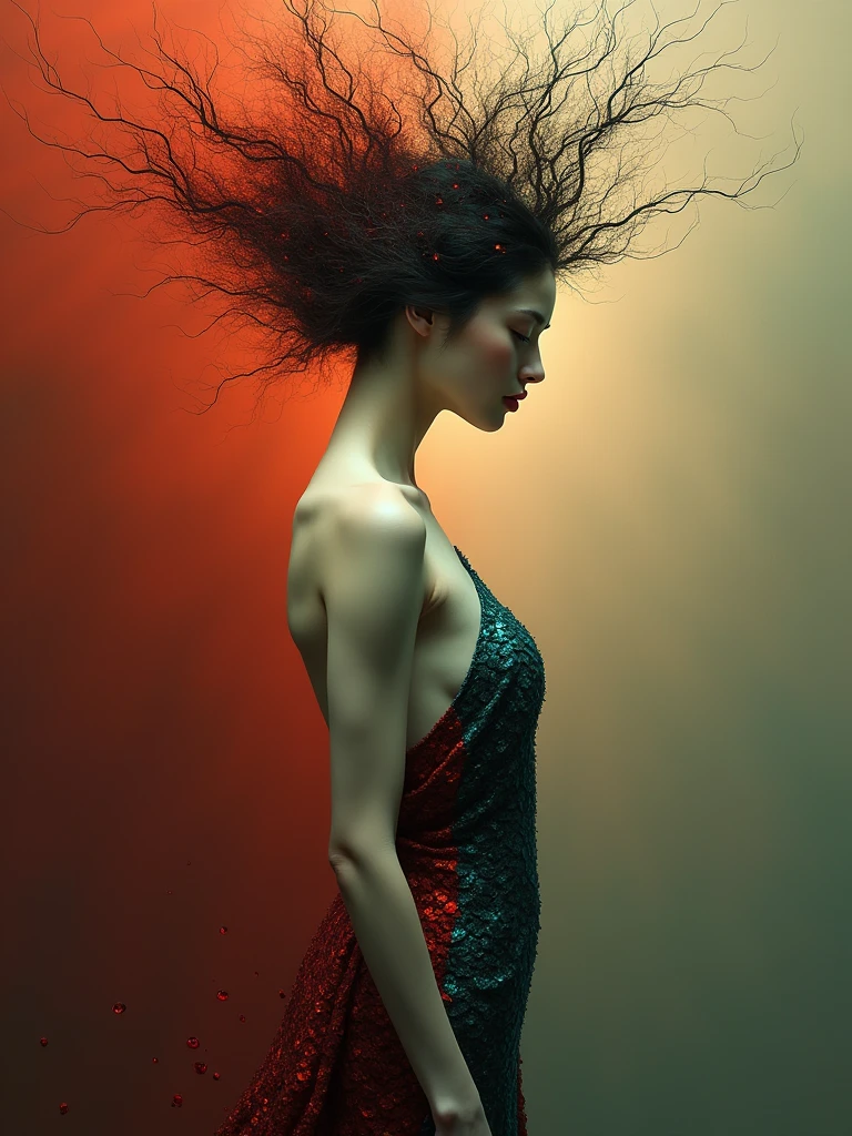 Create an abstract, surrealist image of a side-profile feminine figure with porcelain skin, visible from mid-thigh upward. The figure has a toned, slender body with an elegantly curved back, holding the edge of a textured, flowing garment made of red and turquoise scales. The serene face is in profile, with closed eyes and subtle facial features. The head is adorned with dynamic, abstract elements resembling hair or a headdress, transitioning from dense to sparse as they burst outward. The background is a warm gradient, shifting from dark crimson to soft golden hues, enveloping the figure in a blend of warm tones.