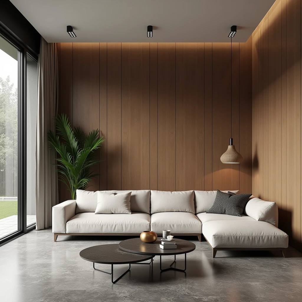 Interior design , modern living room , Brazilian residence , Minimalist sofa ,furniture signed by renowned artists , wooden panel , gray porcelain floor ,ultra realisitic , 4K , render ultra realisitic