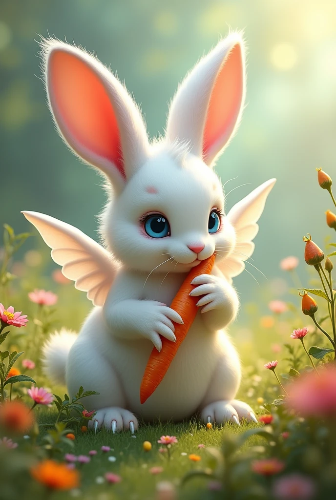 A white rabbit with elephant ears, with white wings and cat claws and blue eyes, eating a carrot in a beautiful field