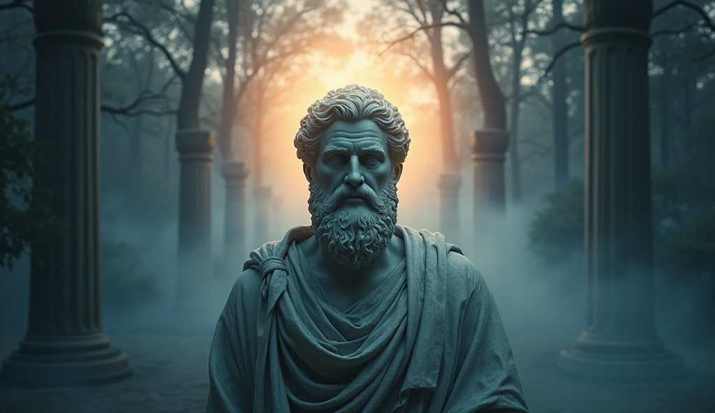 Create a captivating YouTube thumbnail for a video titled "Магія Мовчання: Як Тиша Веде до Мудрості та Сили." The image should have a mystical and serene atmosphere, featuring a highly detailed ancient marble statue in the style of Stoicism as the central figure. The statue should exude an aura of calmness and introspection, surrounded by subtle light that emphasizes its timeless wisdom. The background should blend elements of nature, like a tranquil forest or peaceful mountainside at dawn, with an overall color palette that balances deep blues, soft purples, and gentle golds. Incorporate visual cues of wisdom, such as a glowing light around the statue’s head, and symbols of strength like ancient columns or sturdy trees. The atmosphere should feel both mysterious and thought-provoking, drawing the viewer into a world of ancient philosophy. The text "Магія Мовчання" should be bold and clear, placed at the top with a slightly ethereal glow, while "Як Тиша Веде до Мудрості та Сили" should be smaller and elegantly positioned at the bottom. The overall composition should be visually striking and inviting, designed to captivate the viewer with its blend of ancient wisdom and serene beauty.