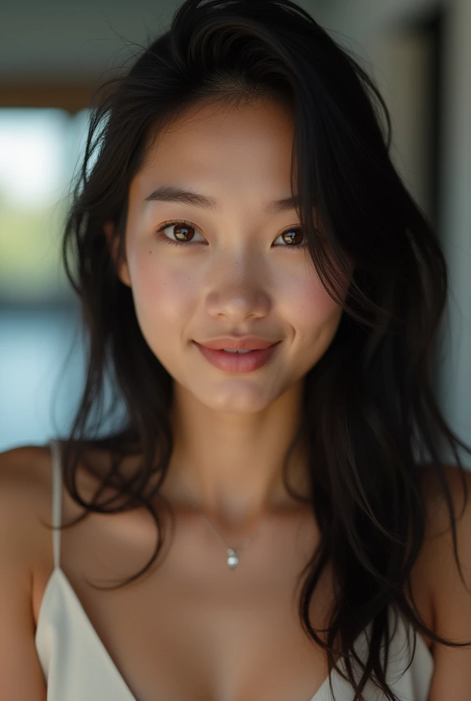 Portrait photoréaliste d'une femme des iles de 22 ans aux cheveux noir et aux yeux marron. Elle doit avoir une expression naturelle et être éclairée par une lumière douce. Sa peau doit ressembler autant que possible à la peau humaine. L'arrière-plan doit être un intérieur moderne. Capturez cette image avec une photographie haute résolution en utilisant un objectif 85 mm pour une perspective flatteuse.