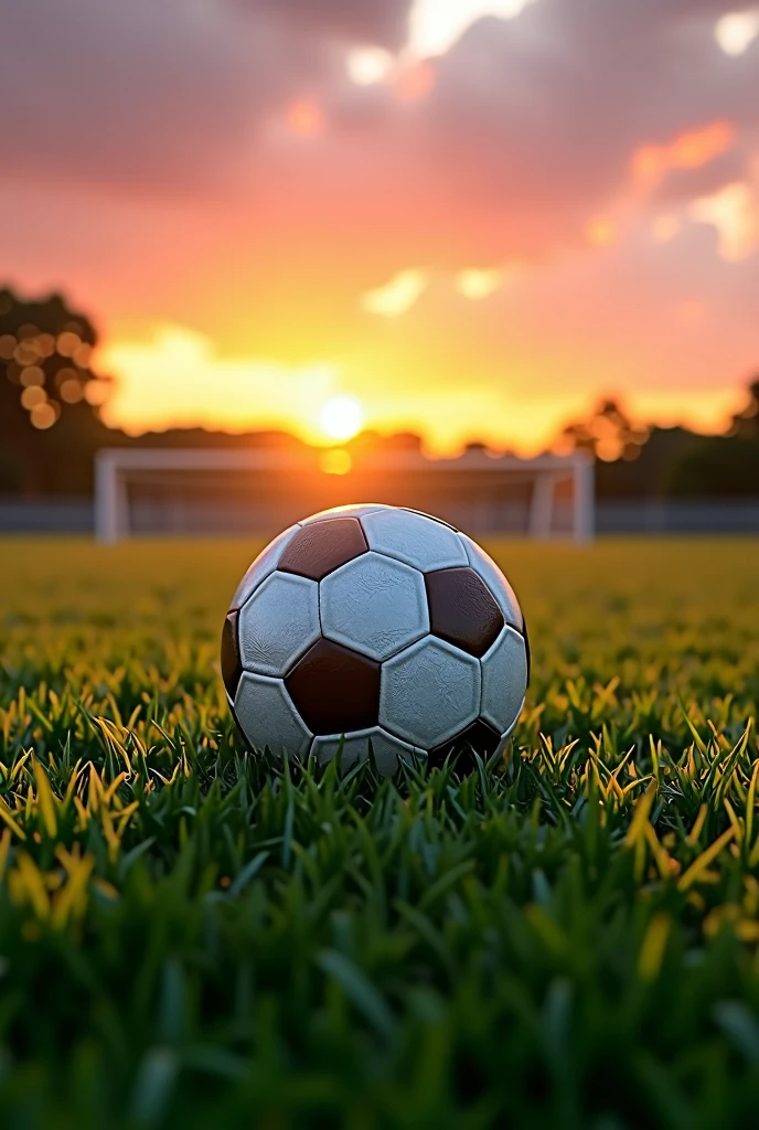 soccer ball on a field, sunset