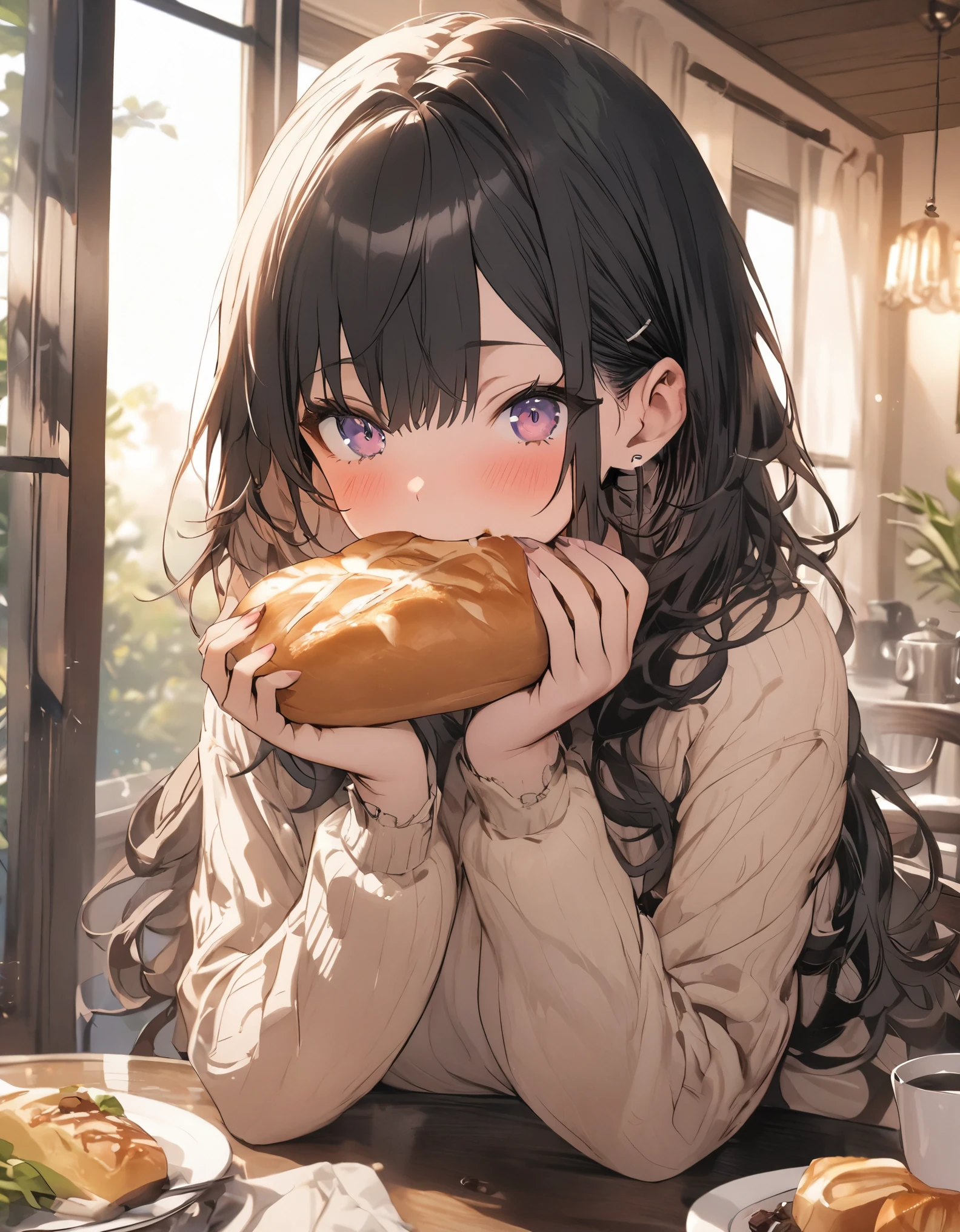 masterpiece、1 girl, dining room, table, eat bread, coffee, sunrise from the window