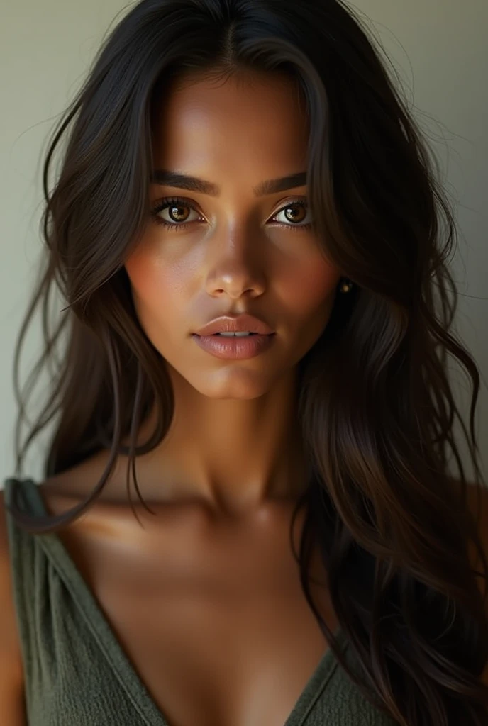 female character, brownhair, brown skin, . eyes browns.