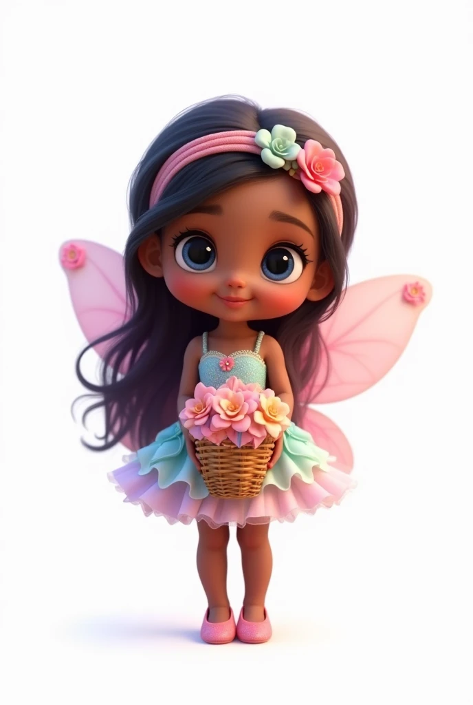 illustration of a baby girl in 3D Pixar style Disney, extavagant, headband flowers, olive skin, blue eyes, ombre hair, long hair, basket of flowers in hands, lovely pose, black eyes, wearing a fairy outfit pastel colors glitter, mint green, pink, and soft purple, exuberant, perfect, centered in the photo with a white background, nitid, fairy vibes, standing, pink flat shoes, vibrant, white background
