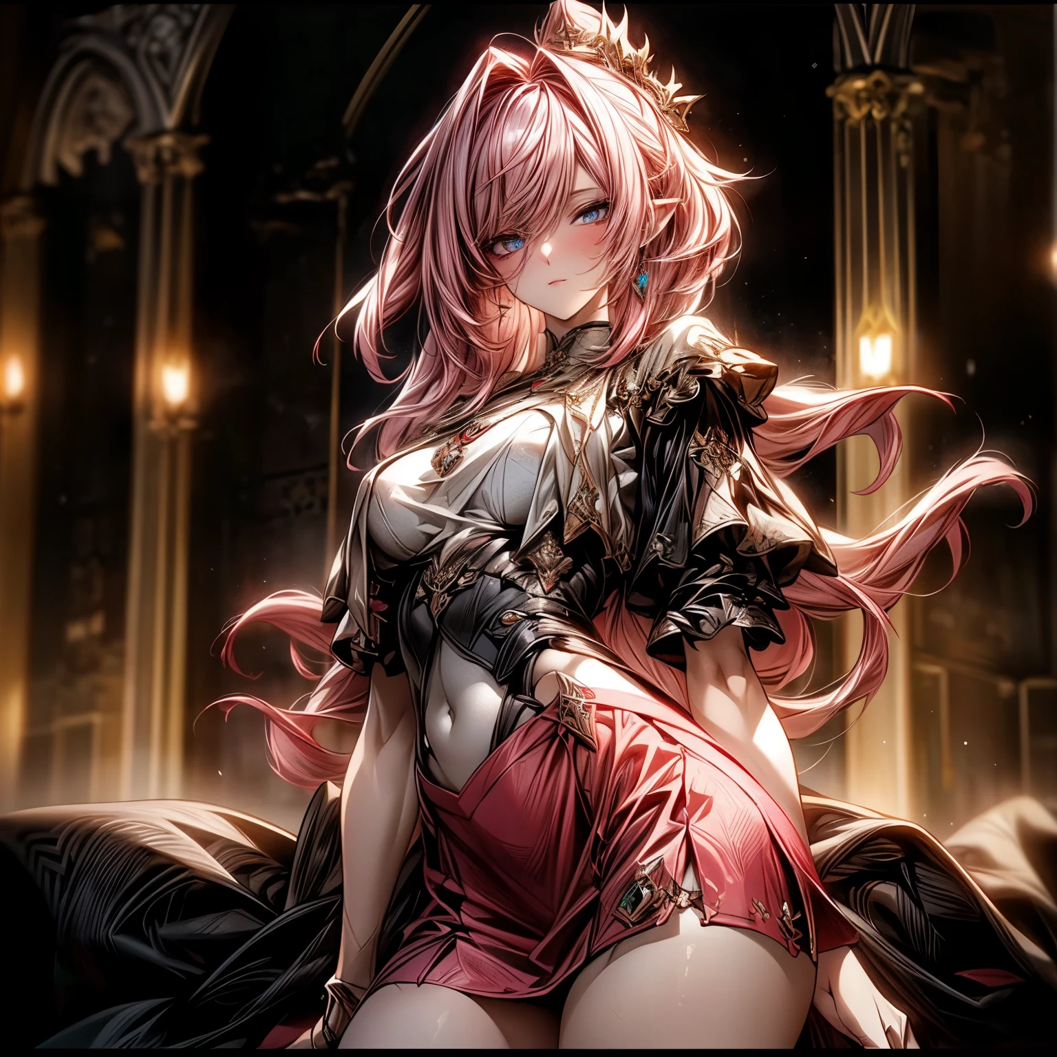 (best quality)), ((Masterpiece)), (details:1.4), 3d, HDR (high dynamic range), an image of a beautiful cyberpunk female, Medieval, Fantasy, pink hair, Curtain Bangs, Hips up, Beautiful white eyes, จมูกโด่ง, ปากแดง, หน้าอกใหญ่, nvidia RTX, PBR surface, After processing, Anisotropic filtration,depth of field, Maximum clarity and clarity, multi-layered surface, Subsurface scattering, perfect proportions, 8K raw files, ultra detailed, Perfect proportions, volumetric lighting, soft lighting, Holy Paldin, Heavy Black Armor, glossy skin, Castle background, jewely, ต่างหู, นิ้วมือสมบูรณ์, mini red skirt,