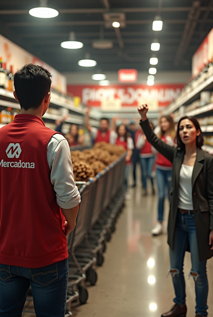 Photorealistic image of a Mercadona supermarket worker standing on an electric railing in the wine aisle, A row of shopping carts, each one full of pine cones inside, have accidentally been caught on the street sweeper and in the background you can see a group of single people running with their arms raised as if calling for attention because the street sweeper is taking all the pine cones., On the other side there are some girls with their arms akimbo waiting for the boys to arrive., They are angry