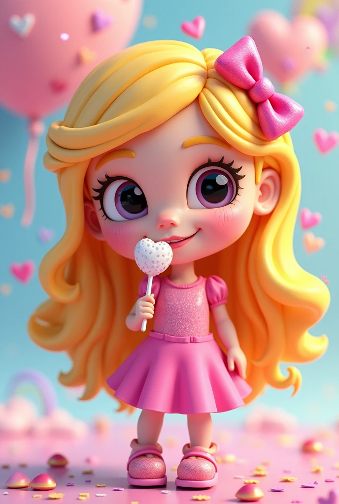 cute 3d, cartoon ilustration extravagant ,blonde girl with lollipop colorful rainbow, bratz, vivid, smiling, hearts, style miss stephani, center photo, dibujo educativo, tag retangular, center photo