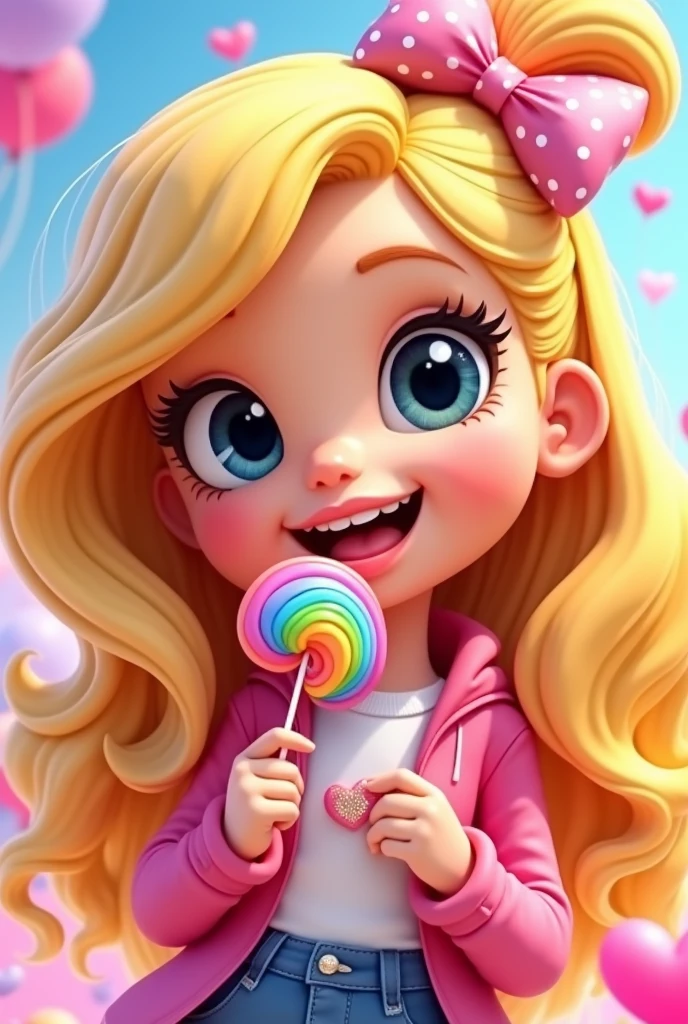 cute 3d, cartoon ilustration extravagant ,blonde girl with lollipop colorful rainbow, bratz, vivid, smiling, hearts, style miss stephani, center photo, dibujo educativo, tag retangular, center photo