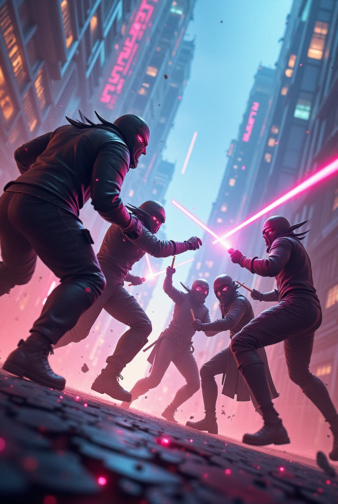 Draw 6 people fighting inside a video game