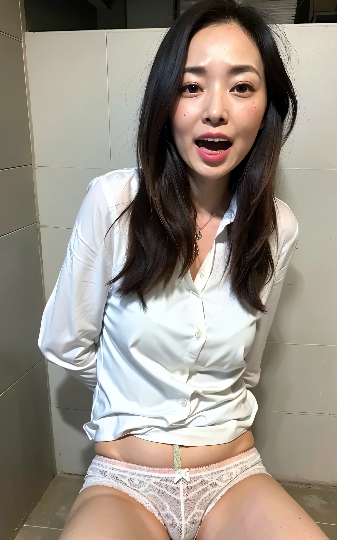 ((Best Quality, 8k, Masterpiece: 1.3)), Photorealistic, Sharp Focus, High Quality, High Definition, ((look down)), Portrait, Solo, Japanese Milf, Beauty, erfect anatomy, ((Show Panties:1.5)), 40 years old, Plump, Wavy hair, Wetty White Shirt, Wrinkles at the corners of the eyes, Toilet, Plumbing, Tile, ((Open legs Wide)), (open mouth:1.1),