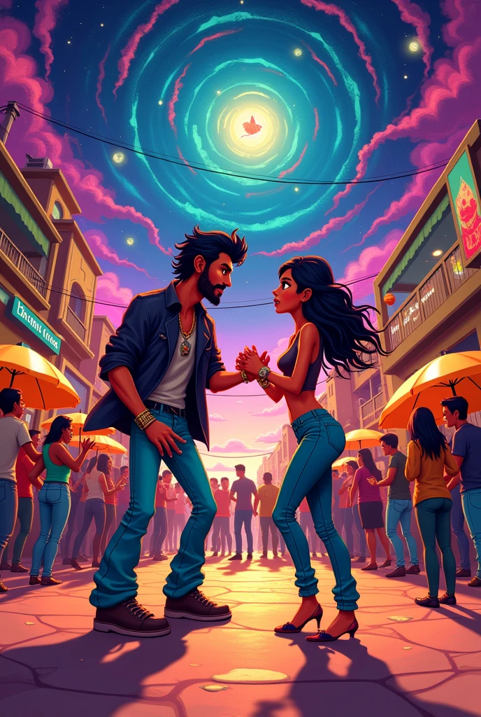 Make a cartoon, of a couple dancing cumbia, in rock clothes at a popular neighborhood party, like Tepito in CDMX with a beautiful psychedelic sky