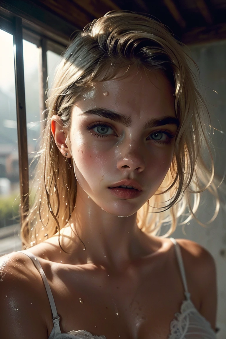 Cara Delevingne, (((ultra realistic))) Photo, masterpiece, top quality, (pale skin), (ULTRA DETAILED and underboob bra) (Ultra detailed face and eyes:1.2), Bright eyes, 1 girl, gloomy atmosphere, Dark background, (Eye makeup, mascara) , ((Dark wavy hair)) , ((Stylish hairstyle)) , (Natural breasts), (A slight smile), ((Posing)), photoshoot, studio (Contour lighting), (The play of light and shadows), depth of field, bokeh, (special attention to skin detail: 1.2), Detailed leather texture, skin pores, ((Dark and gloomy atmosphere frame. color scheme - Gray, Ashen, Tons)), ((Film grain, VHS effect)), ((rays)) , ((full body shot, close to the camera)) , ultra detailed, (((Camera from front and below))), white transparent underwear, indoors, inside bedroom, focus on her underboob bra, round perfect big ass, short white transparent wet underwear, no top, underboob bra, bra over the nipples, underboob bra,  half naked, (((Wet shiny skin))), (((Totally WET))), Beautuful Women，small waist, thin waist, high detailed stomach, small breasts exposed, skinny body, Raised sexy，seductiv, inside a house, blond hair,  exposed under the white bra, Master masterpieces，Highest image quality , Towering over the landscape, angle of view, looking down at you，A mocking smile, low angle, from below, toned abs, perfect lighting, clothes transparent wet, clothes with water, transparent clothes that get wet and stick to the skin, wet hair clings to the face and shoulders, white silk is wet, beautiful realistic stretched wet (((HER BODY IS TATALLY WET)))，Sweaty skin, water droplets, hair is wet, hair is disheveled, one girl, half naked, skin exposed, Undressing posture, , blond hair is wet,