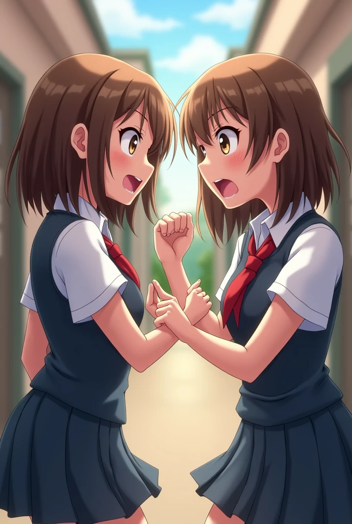 I want an image of a girl in a school uniform with brown skin and straight brown hair and brown eyes and even boys with brown hair and brown eyes and in a school uniform (I want the image to show the girl in uniform slapping the boy in uniform in the face, with the girl's hand on the boy's face like a real slap, and the boy looking angry.)