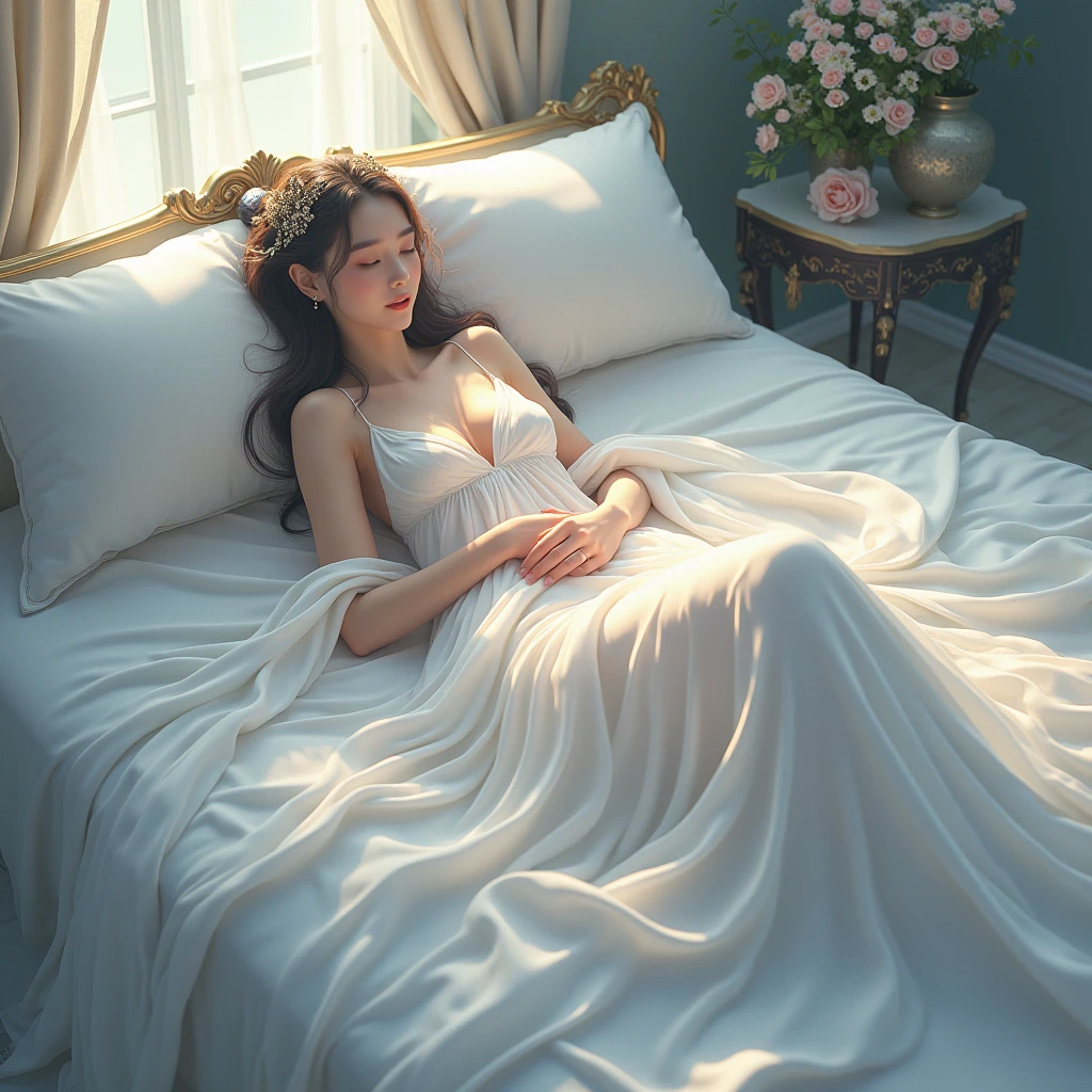 a woman in a white dress laying on a bed with her hands on her head, ((a beautiful fantasy empress)), smooth anime cg art, artgerm lau, xianxia fantasy, goddess of sleep, unreal engine render + a goddess, anime goddess, extremely detailed artgerm, artgerm on artstation pixiv, cg art, wlop rossdraws, a beautiful fantasy empress, waifu, wlop and rossdraws, beautiful cyborg priestess, artgerm ; 3d unreal engine, 2. 5 d cgi anime fantasy artwork, queen of the sea mu yanling, g liulian art style, xianxia, NSFW