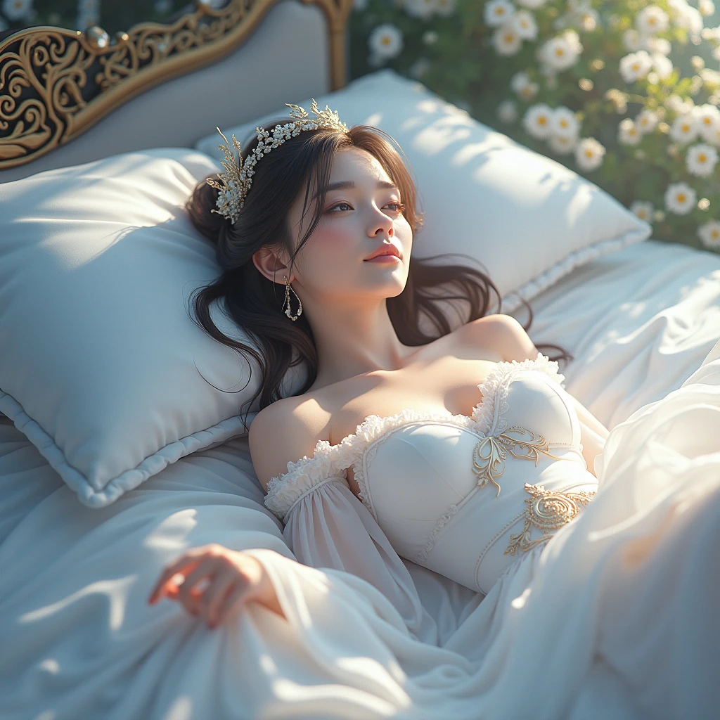a woman in a white dress laying on a bed with her hands on her head, ((a beautiful fantasy empress)), smooth anime cg art, artgerm lau, xianxia fantasy, goddess of sleep, unreal engine render + a goddess, anime goddess, extremely detailed artgerm, artgerm on artstation pixiv, cg art, wlop rossdraws, a beautiful fantasy empress, waifu, wlop and rossdraws, beautiful cyborg priestess, artgerm ; 3d unreal engine, 2. 5 d cgi anime fantasy artwork, queen of the sea mu yanling, g liulian art style, xianxia