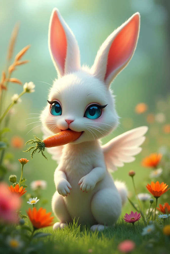 A white rabbit with giraffe ears, with white wings and cat claws and blue eyes, eating a carrot in a beautiful field