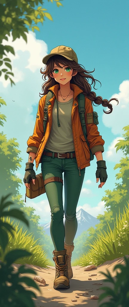 (masterpiece, Best quality:1.2), ((character concept art)), Young, energetic explorer in the post-apocalyptic world, where nature has reconquered the land. She has long ones, wavy brown hair, braided into a loose braid, and bright green eyes, reflecting her passion for adventure. She wears light, but durable clothing: jacket made from recycled fabrics, tight pants and sturdy boots. On her hands are gloves with cute, but functional pockets for tools. Ella always carries a multifunctional backpack with her., filled with survival essentials and a notebook, where she records her observations about the world. Her confident posture and smile give her a charismatic look., and small tattoos on her wrists highlight her independent spirit and love of freedom. Realistic Anime Art, anime art