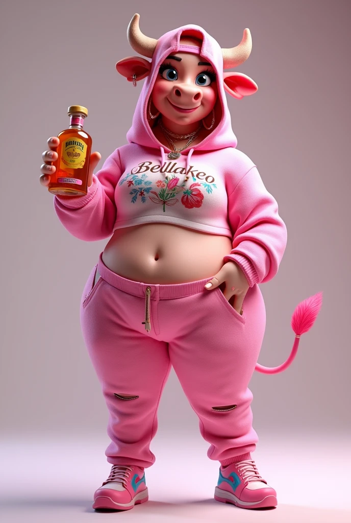 A 3D render of a Disney Pixar style medium shot of a sexy anthropomorphic model pink cow with urban clothing. She is standing on two legs in a sensual pose, and smiling, wearing a backward hat, hoodie with the colorful text "BELLAKEO", pants, cool sunglasses, piercings on her ears and nose, and has long eyelashes and makeup on her face. She is holding a tequila bottle in one hand