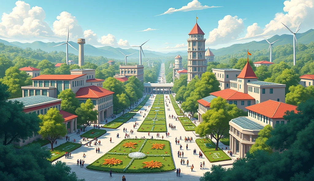 "Illustrate a city built around four fundamental pillars: education, equity, sustainability and community participation. The city must feature schools and universities that are free and accessible to all, with integrated architecture that represents an egalitarian society, without class divisions. Include sources of renewable energy, green public transport, parks and community gardens. Showcase citizens participating in democratic governance in public squares, and social institutions working collectively for the common good, in a harmonious and sustainable urban environment."