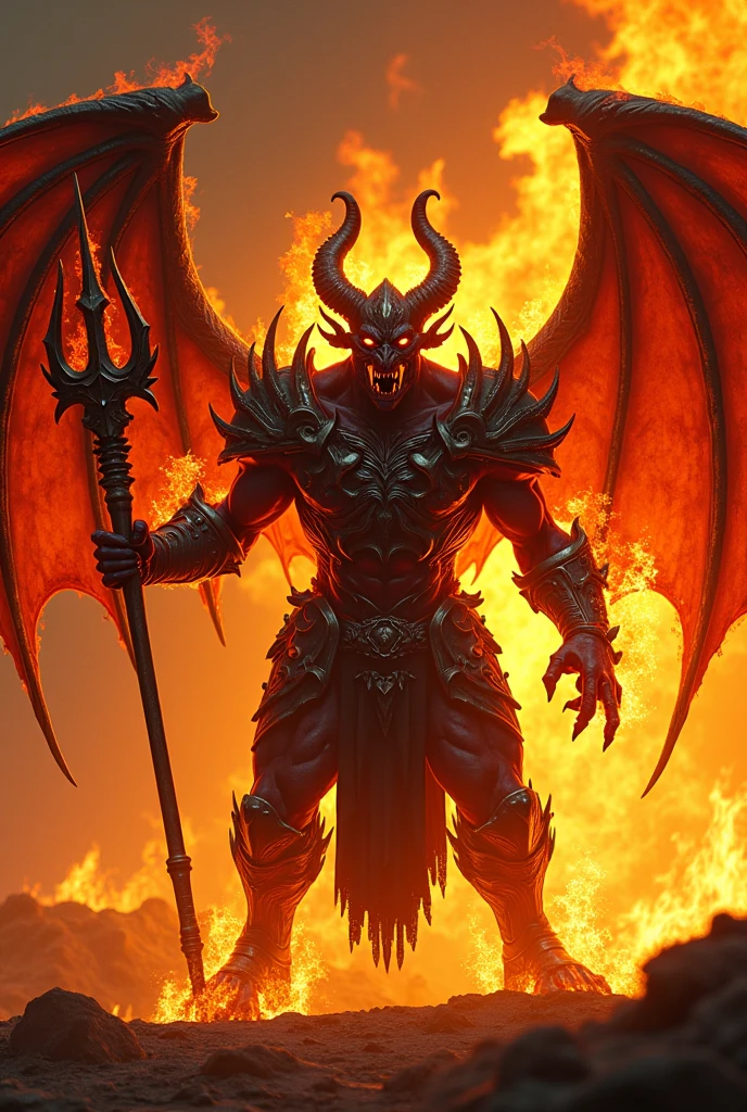 Hellfire scene, Fiery demon, humanoid, tons of fire, holding flaming trident, scary, humanoid, black devoid eyes, detailed demonic armor, strong pose, angry, hatred, evil look, facing me, fire, devil wings, sharp teeth, roaring, ultra detailed, hyper realistic, photo realism 