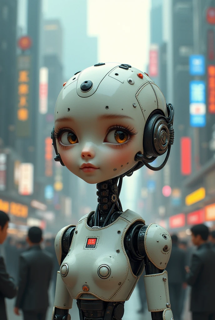 Female Hunting Robot, Very cute face, Details of robot parts on the head contemplating the human crowd, Future City, cyber punk, 3D Rendering, high quality, Photorealistic,