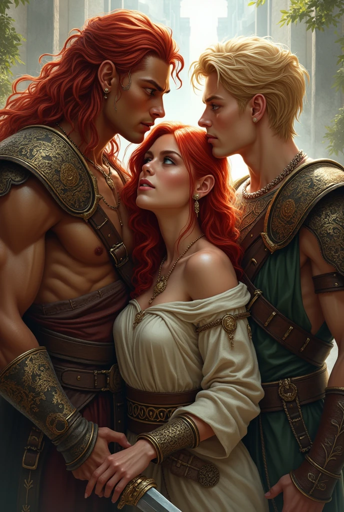 beautiful female warrior with red hair and green eyes, In a love triangle with two male warriors, one with long red hair and caramel skin looked at her lovingly, and another one with short blond hair was seducing her, and she was confused, who wants it