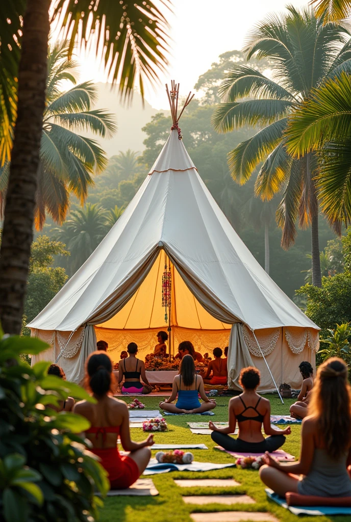 Create an image of a yoga festival with a Boho Chic style tent in off-white with lots of crochet in the MAM Gardens in Rio de Janeiro