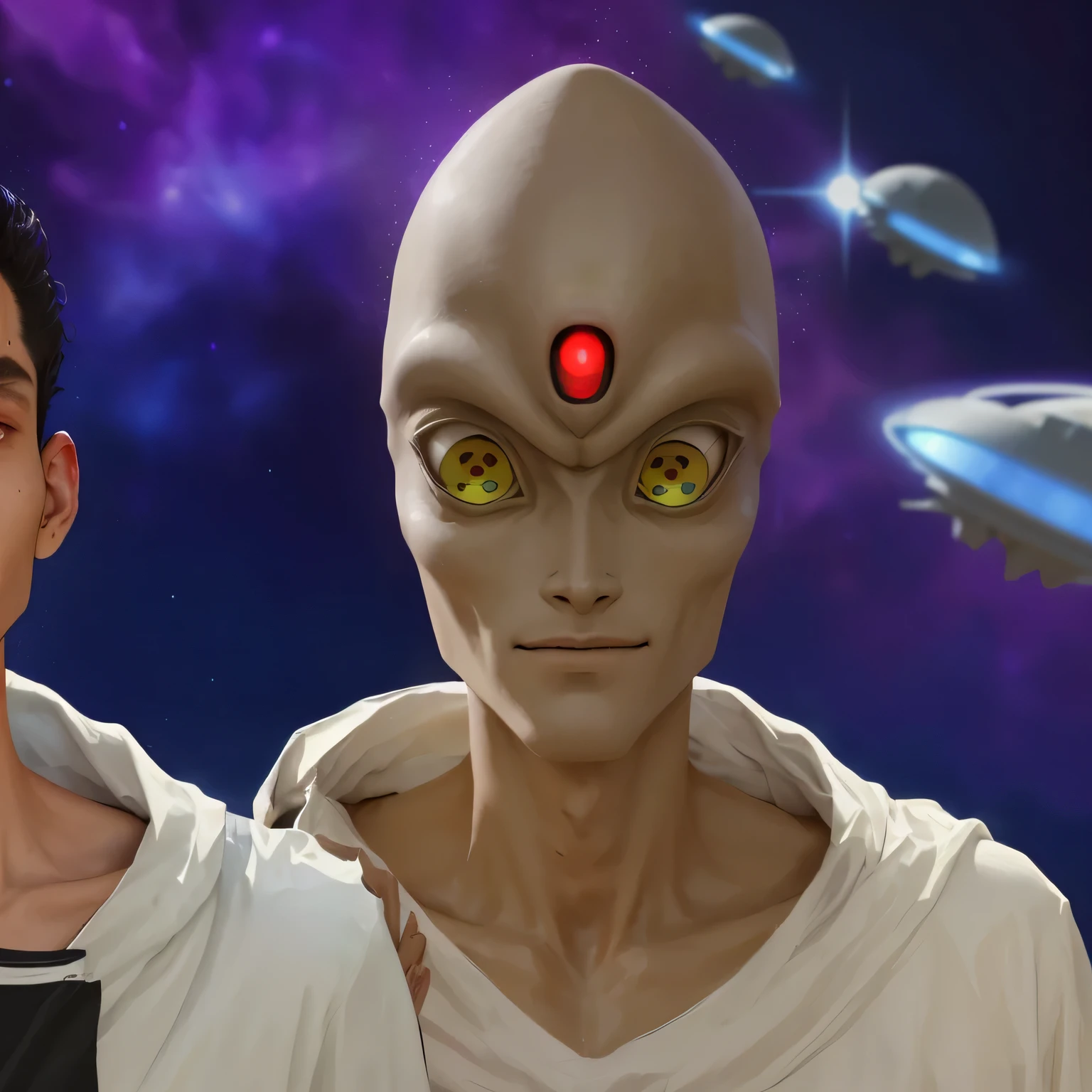 There are two men with alien heads and a red eye, aliens, aliens reach for him, aliens en el fondo, dos aliens alrededor, poblado de aliens y personas, energetic beings patrolling, extraterrestrial, aliens ovni, exotic alien features, extraterrestial, aliens grises, ufos, The Midjourney Multiverse