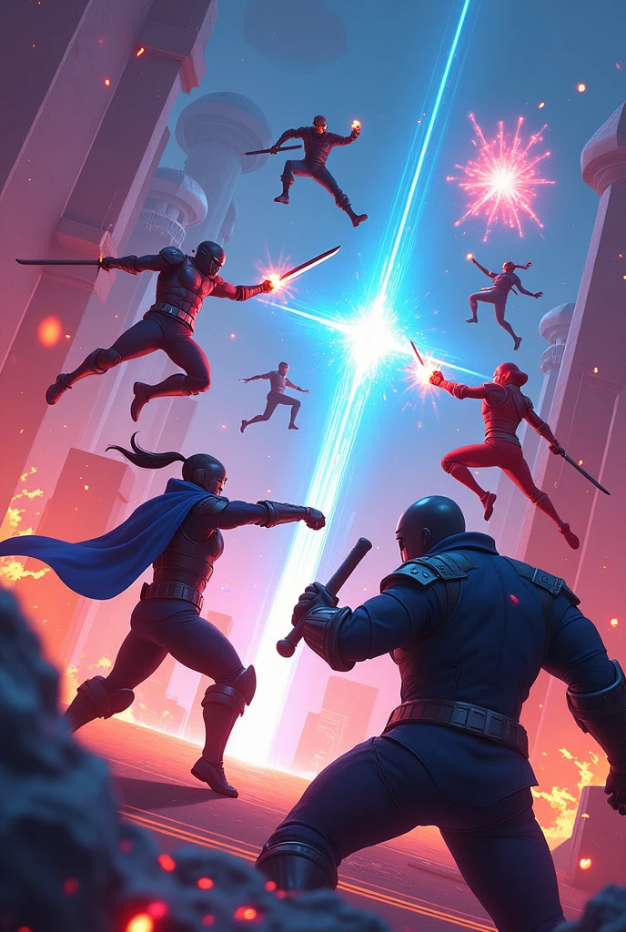 Draw 6 people fighting inside a video game in animation style
