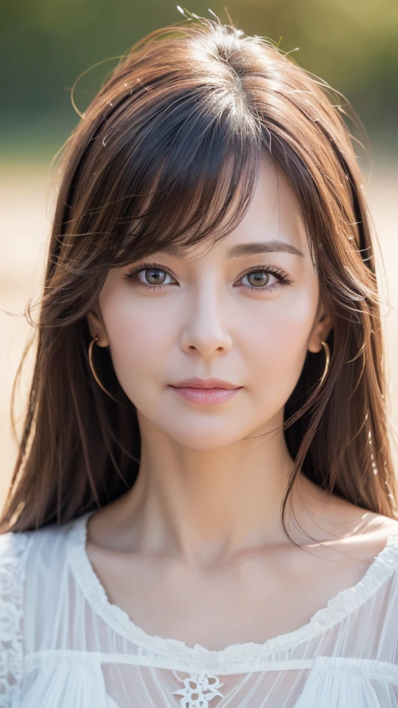 ８K, super detailed, masterpiece, highest quality, Photoreal, detailed face, fine eyes, 40 year old woman, 1 person, cute face, The lower lip is thick and plump, facing the front, nice body, ((look into the viewer&#39;s eyes)), gorgeous hairstyle, thin clothes, well-shaped bust