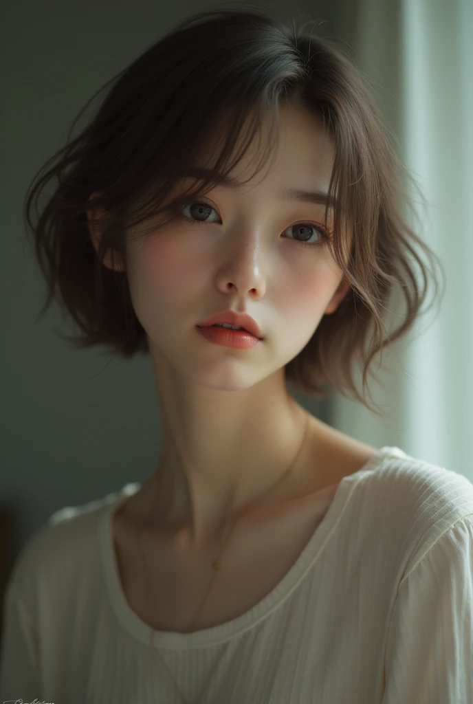 A girl,short hair,Medium nose and light brown