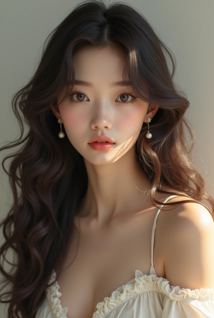 Korean woman, who is 1. She has long,thick,brown hair and big brown eyes. She has soft features and a doll-like appearance. . She stands at full height.