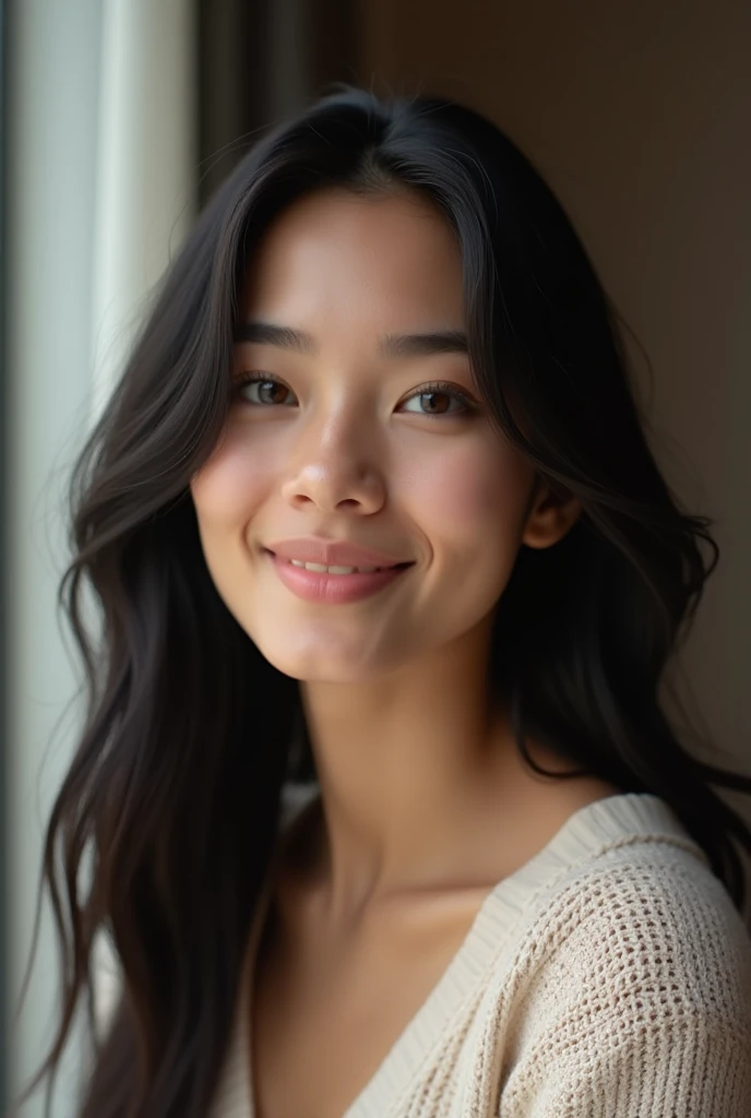 Portrait photoréaliste d'une femme americaine de 22 ans aux cheveux noir et aux yeux marron. Elle doit avoir une expression naturelle et être éclairée par une lumière douce. Sa peau doit ressembler autant que possible à la peau humaine. L'arrière-plan doit être un intérieur moderne. Capturez cette image avec une photographie haute résolution en utilisant un objectif 85 mm pour une perspective flatteuse.