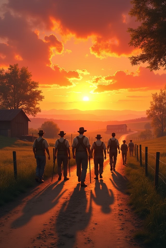 A road with the sunset at the end and several farmers on the road.