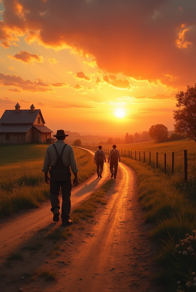 A road with the sunset at the end and several farmers on the road.