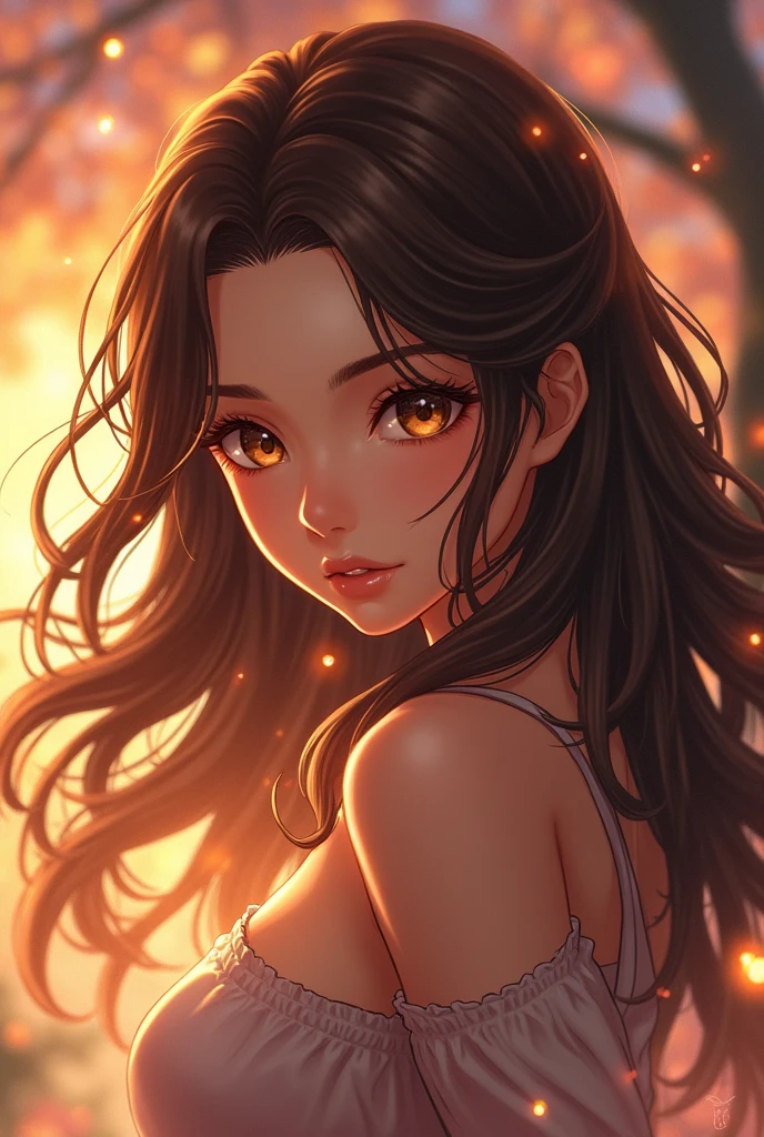 female character, brownhair, brown skin, . eyes browns. anime character.