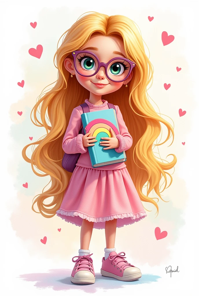 ilustration, extravagant ,olive skin, blonde. bratz, girl with notebook with print pastel rainbow, glasses, soft colors, pastel colorful rainbow, vivid, smiling, hearts, style miss stephani, center photo, dibujo educativo, center photo, pixar, white background, watercolor,